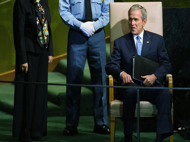 US president George W. Bush prepares to speak at the 63rd annual United Nations General Assembly meeting at UN headquarters in New York City. It was Bush's final address to the annual opening of the General Assembly as US president